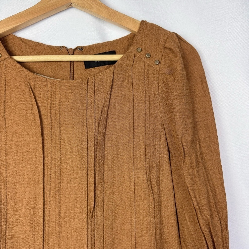 Boutique Roem Brown Pleated Front Long Sleeve Mini Dress S - Picture 3 of 4